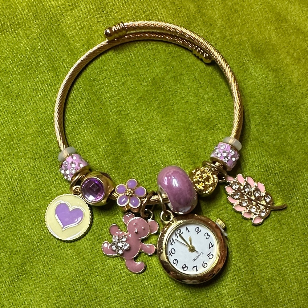 Gold plated and Pink Charm Bracelet Watch code #007